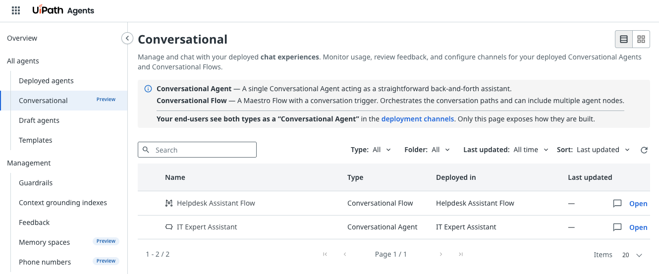 Conversational tab in Instance Management, showing a list of the deployed chat agents in the tenant, which includes both standalone Agent-Builder conversational agents and conversational Maestro Flows.