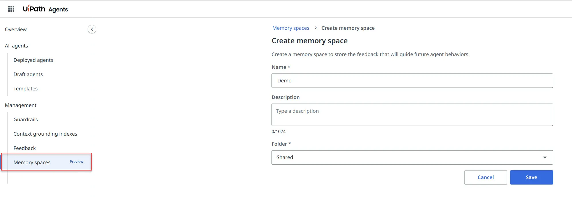 Memory spaces entry under Management in the Agents left navigation, with the Create memory space form open