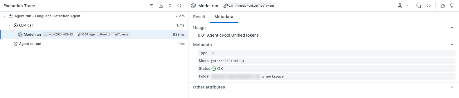 Agent run trace where the usage badge appears on the Model run span, reading 0.01 AgenticPool.UnifiedTokens, while the Agent run and LLM call spans above it show no badge. The Metadata panel shows the same amount in the Usage section.