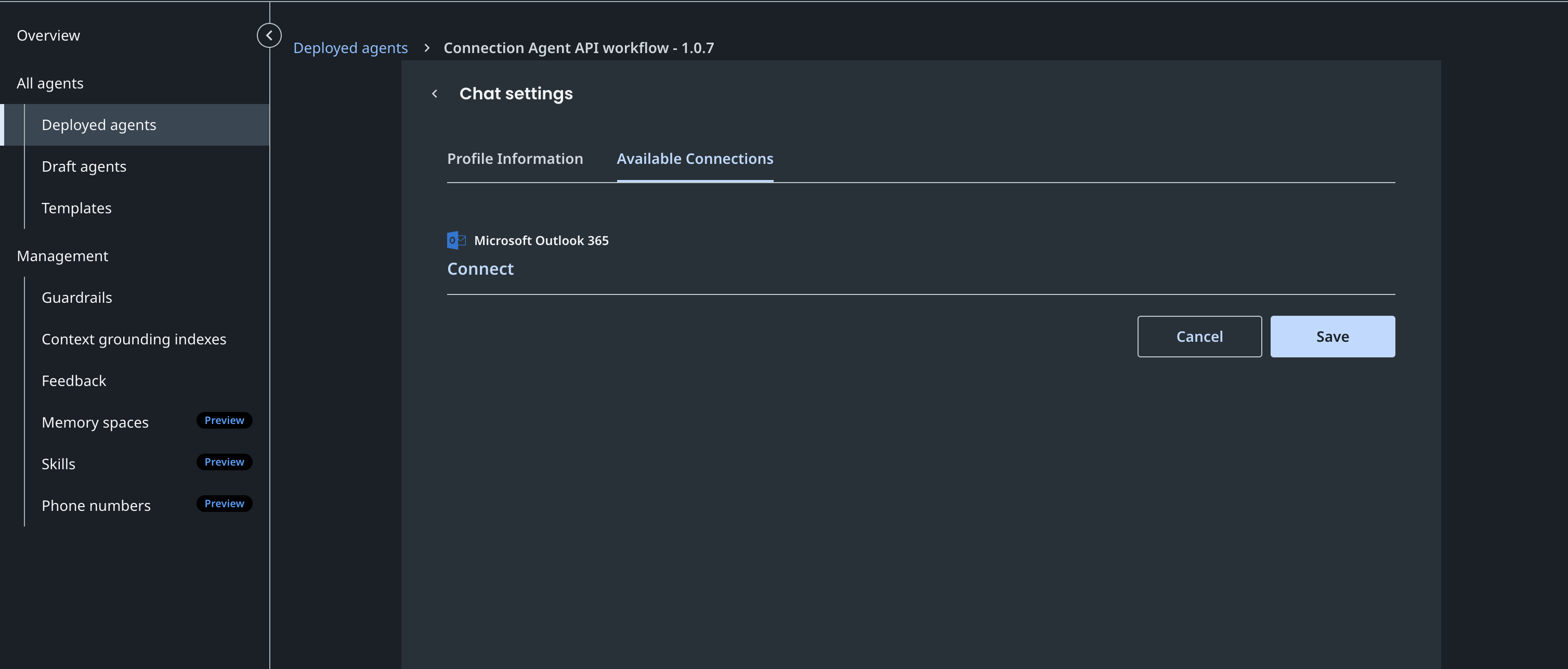 Conversational agent settings showing Microsoft Outlook connector with the ability to select a connection