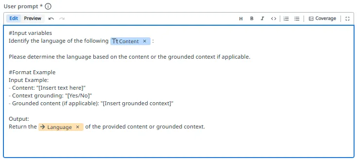 A blue input pill labeled Content and an orange output pill labeled Language shown inline in the Prompt editor, illustrating how references appear after insertion