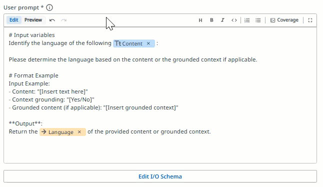 The Prompt editor toggling between Edit and Preview mode — Preview renders markdown formatting and pill references as formatted text