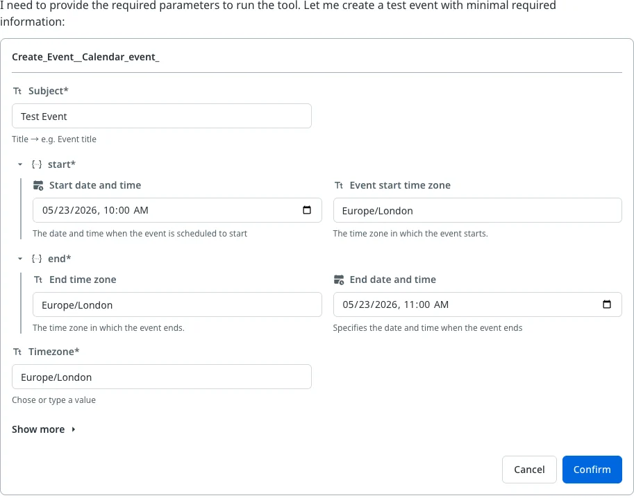 Conversational agent showing a tool-call confirmation form before creating a calendar event