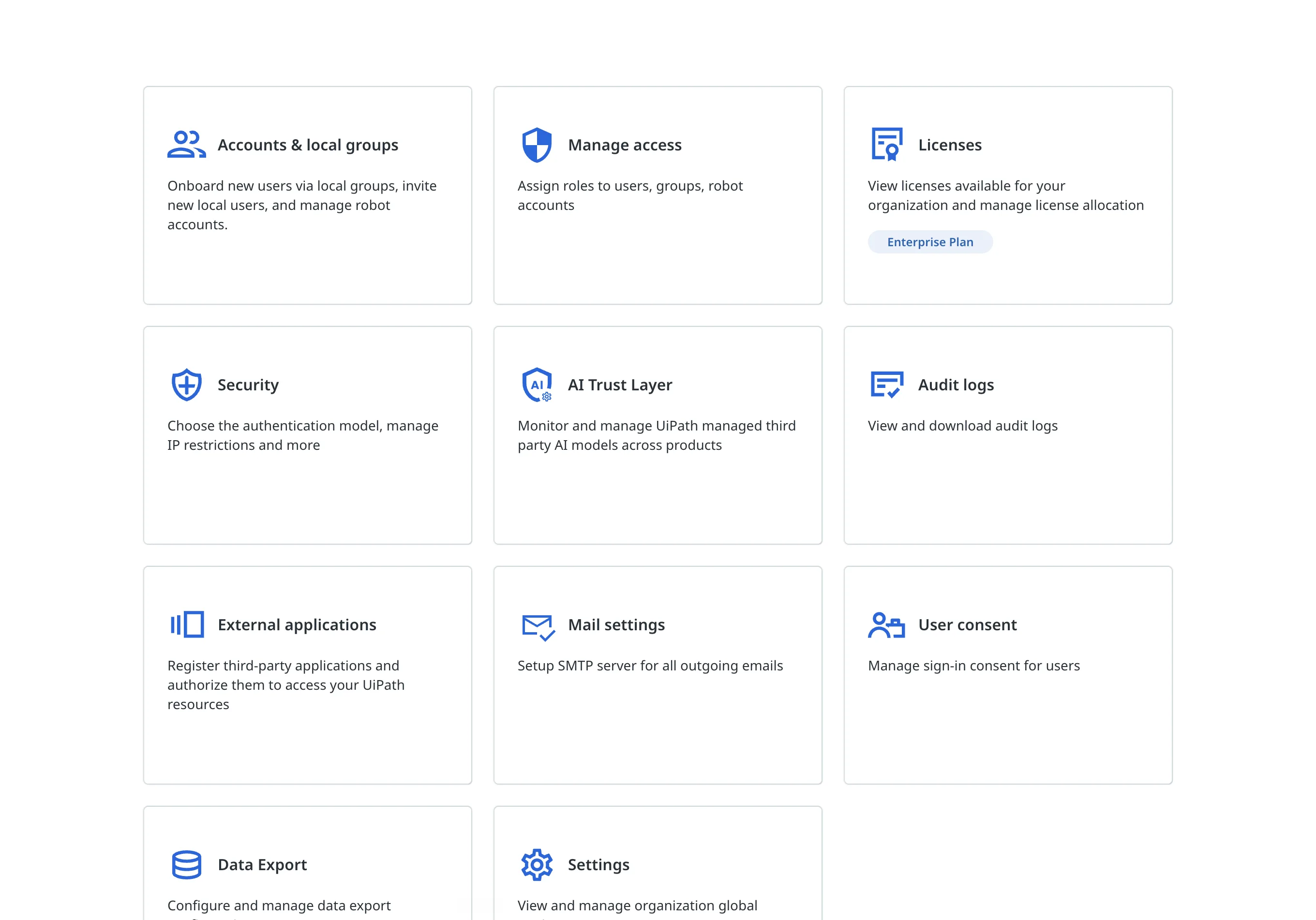 The Admin landing page, with the External applications tile in the third row