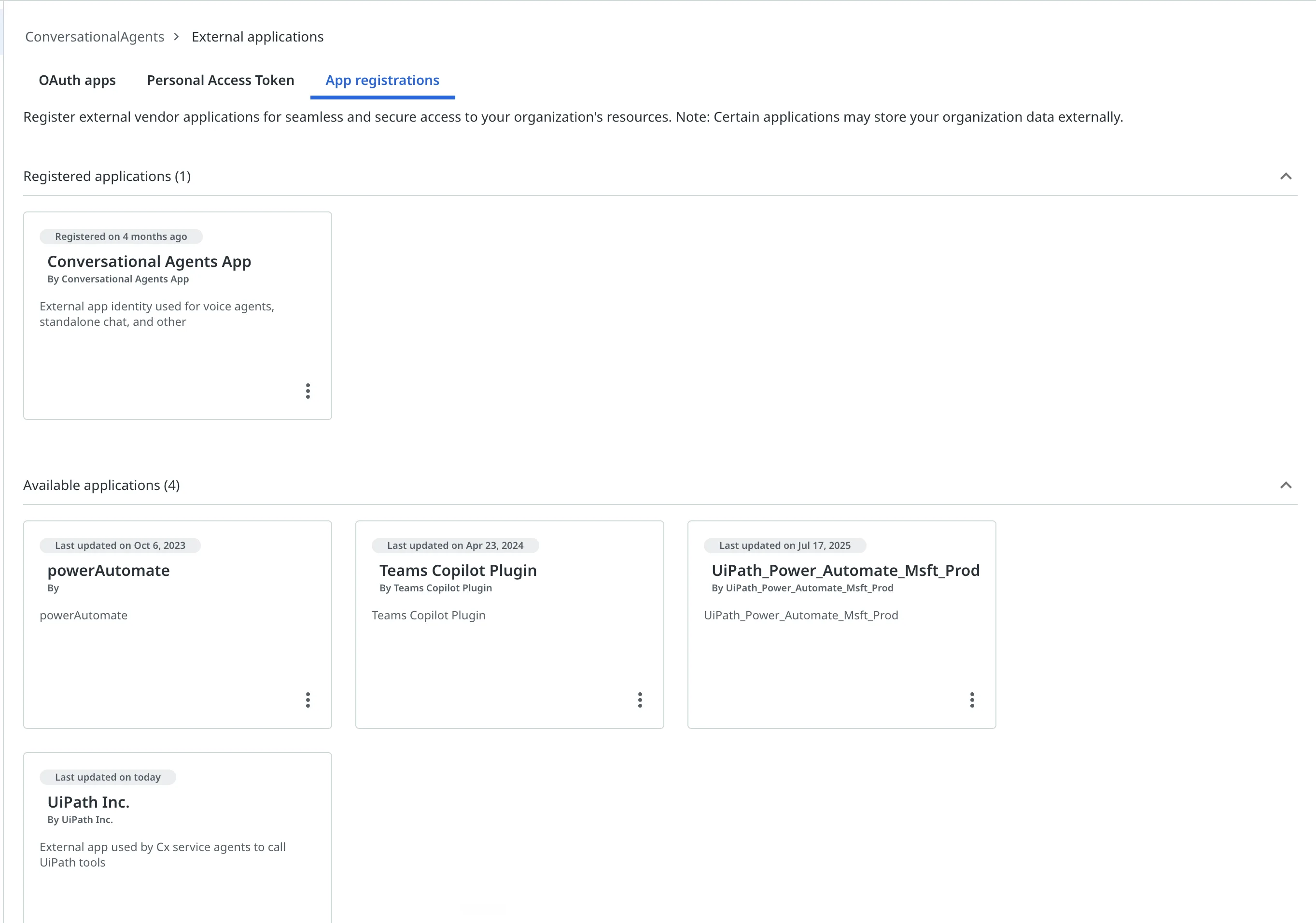 The App registrations tab, showing Conversational Agents App under Registered applications