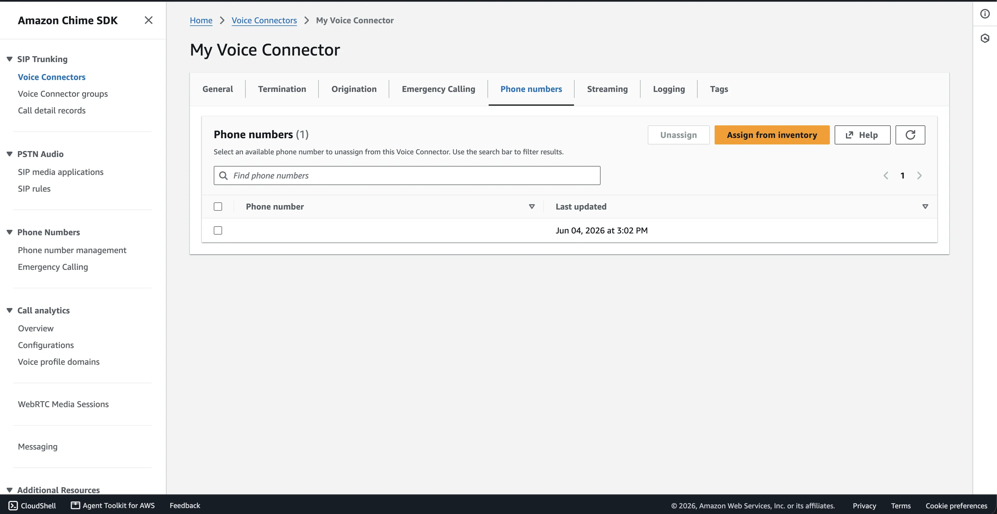 The Phone numbers tab of a Voice Connector, with Assign from inventory and one assigned number