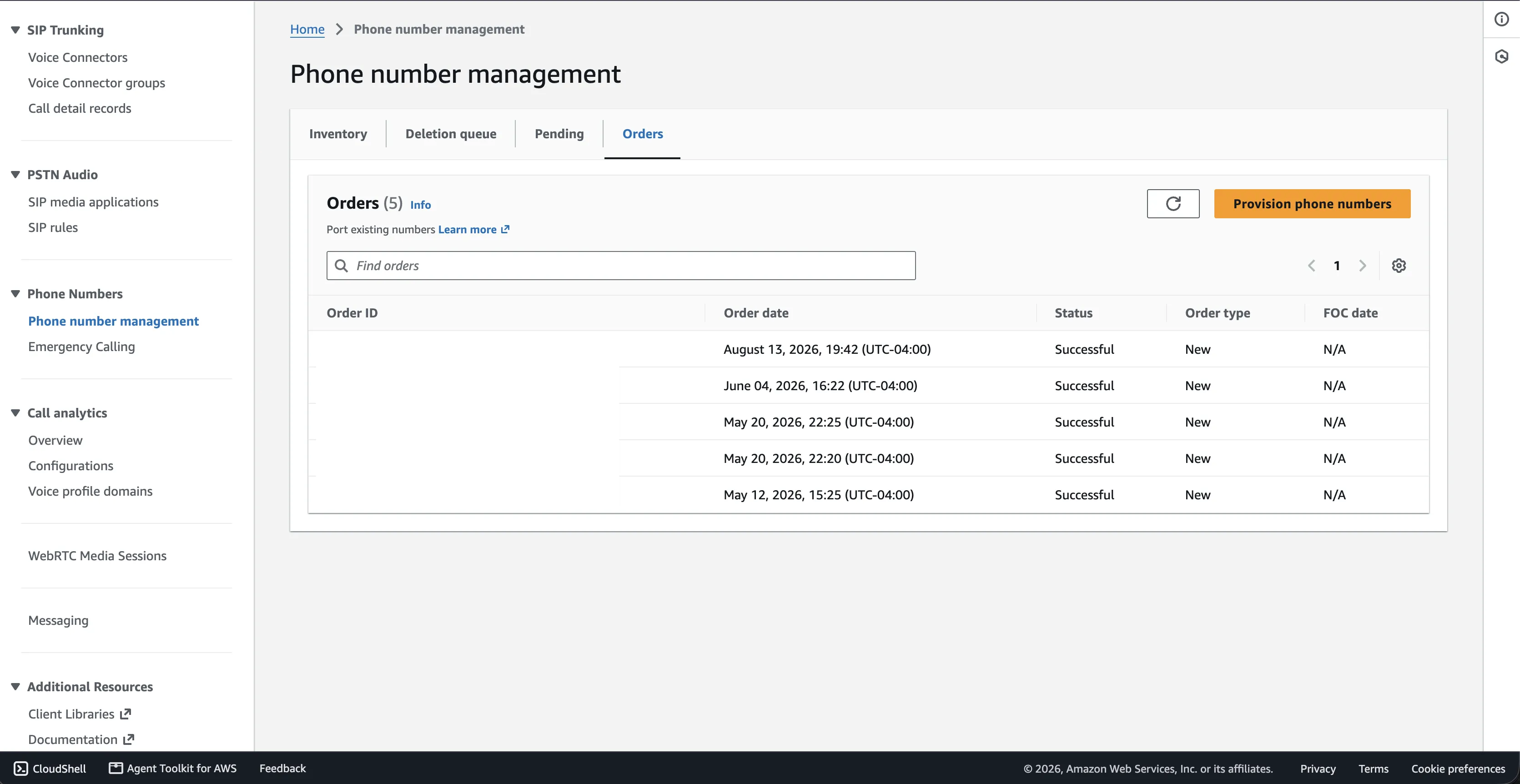 The Phone number management page in the Amazon Chime SDK console, on the Orders tab, with the Provision phone numbers button