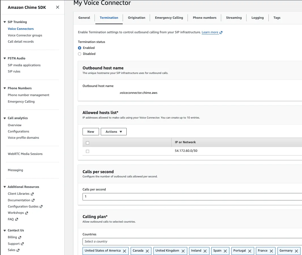 The Termination tab of a Voice Connector, with termination enabled, the outbound host name, an allowed hosts list entry, calls per second, and a calling plan of destination countries