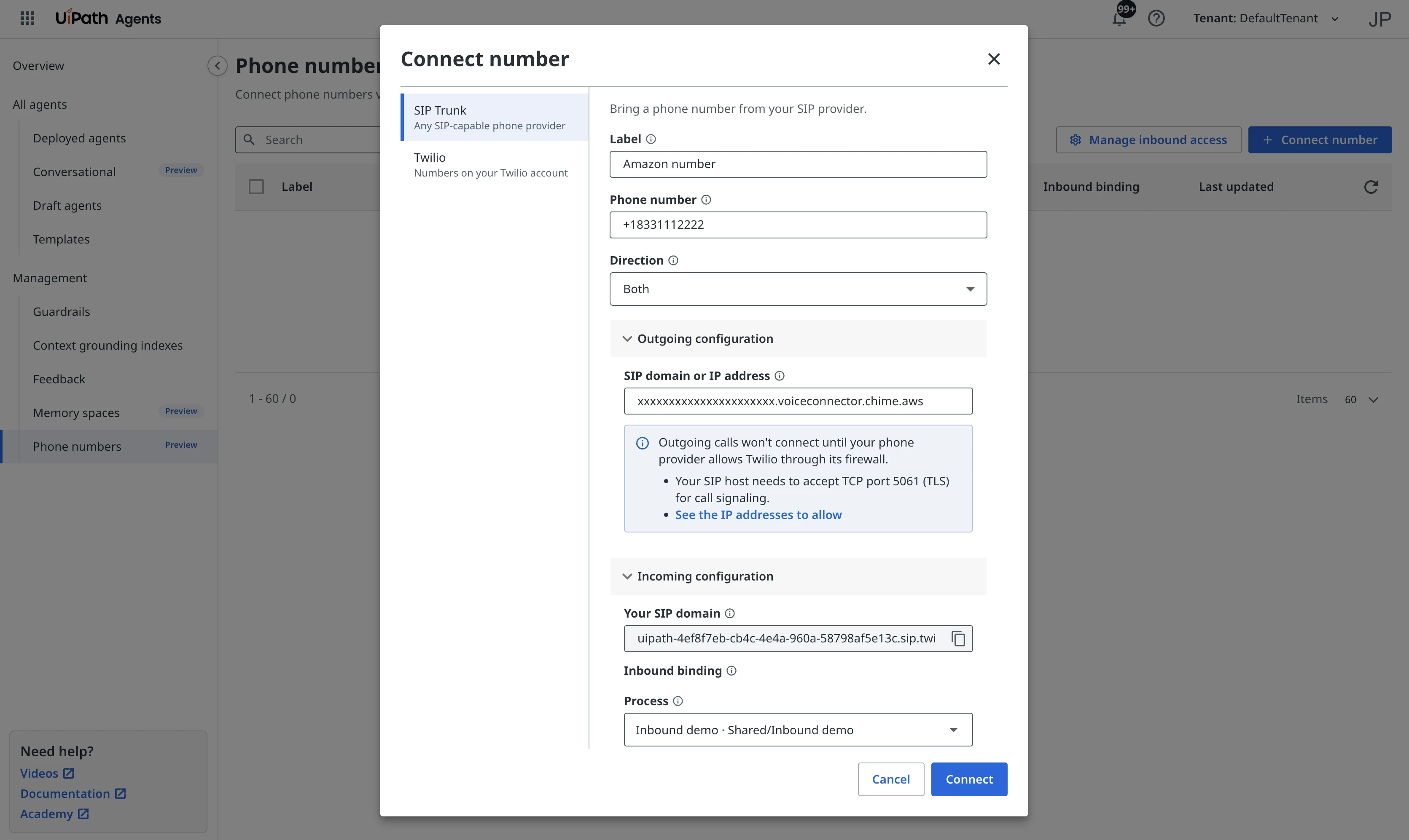 The Connect number dialog with SIP Trunk selected, showing Direction, the SIP domain or IP address field under Outgoing configuration, and Your SIP domain under Incoming configuration