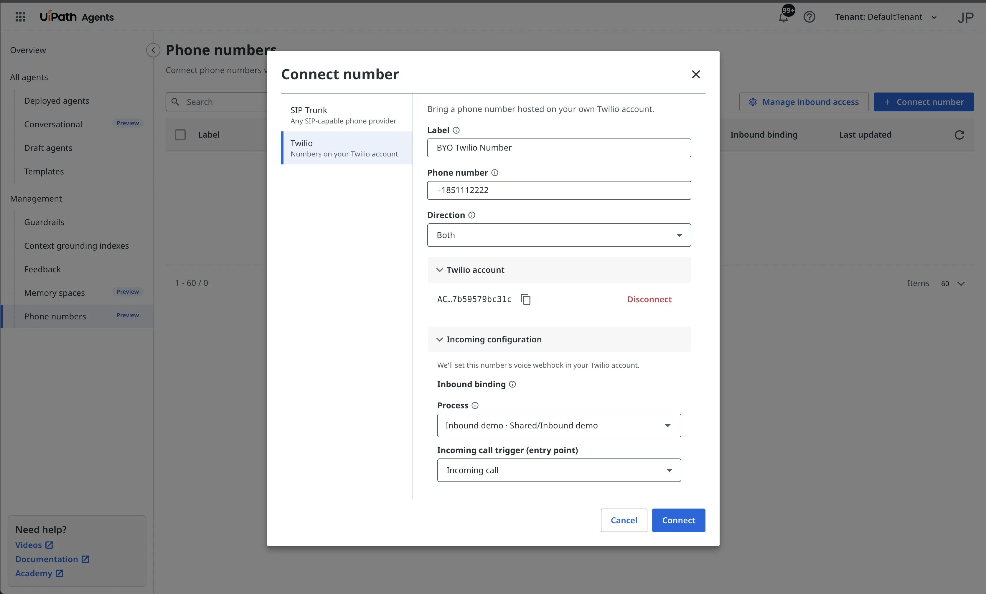 The Connect number dialog with Twilio selected, showing Label, Phone number, Direction, a connected Twilio account, and the Inbound binding fields