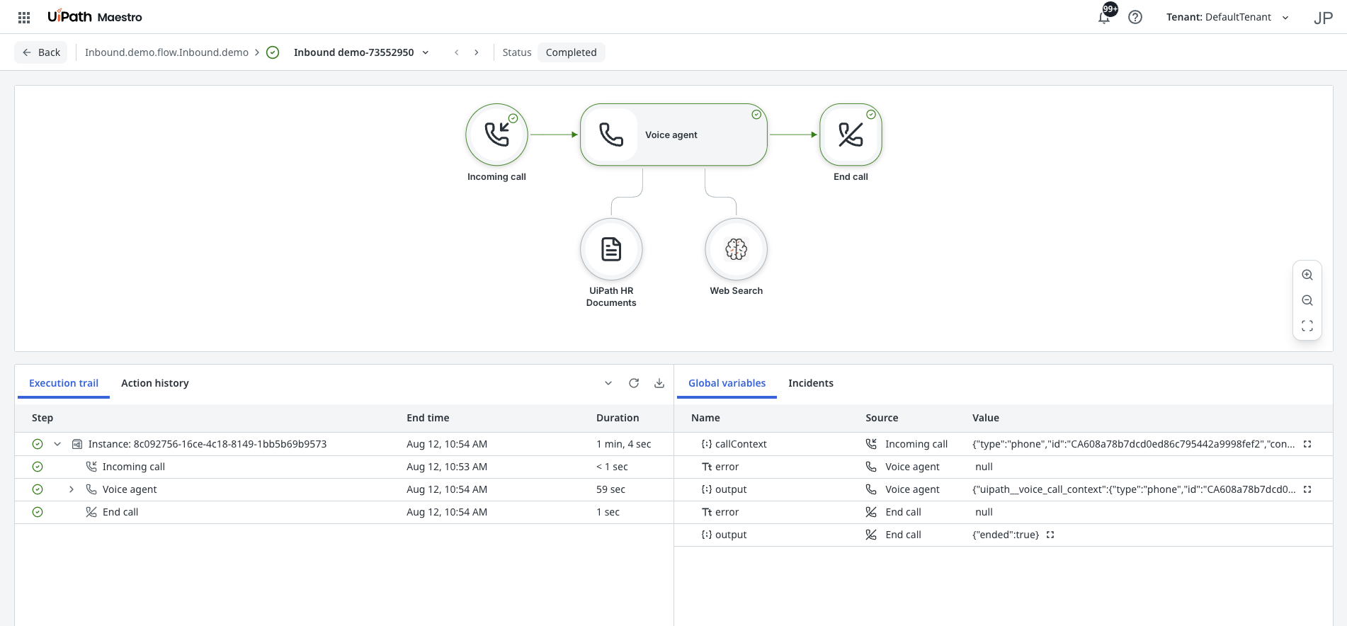 A completed voice run in Maestro. The canvas shows the call nodes and attached tools; the Execution trail lists each step's end time, duration, and output.