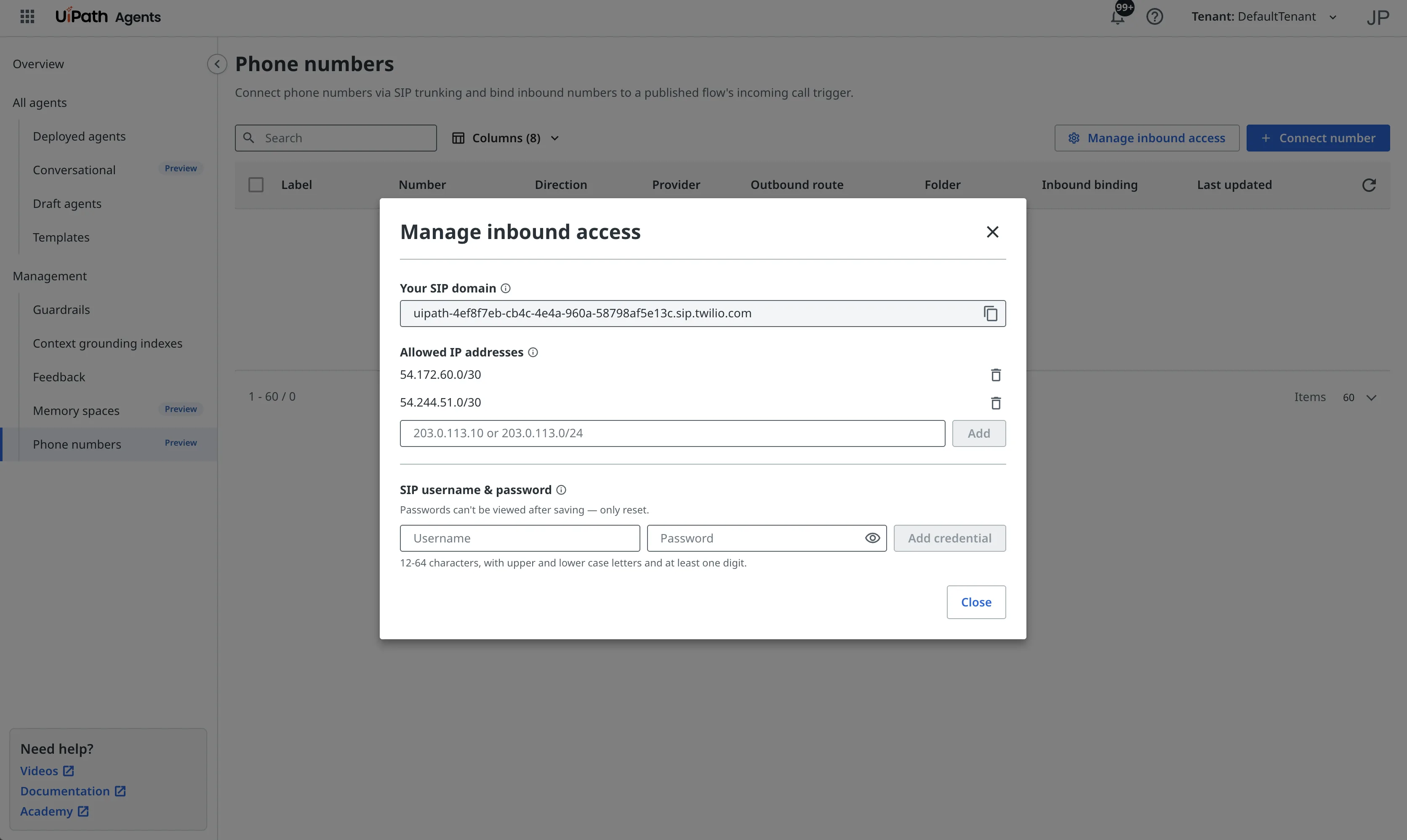 The Manage inbound access dialog, showing Your SIP domain, a list of allowed IP addresses, and the SIP username and password fields