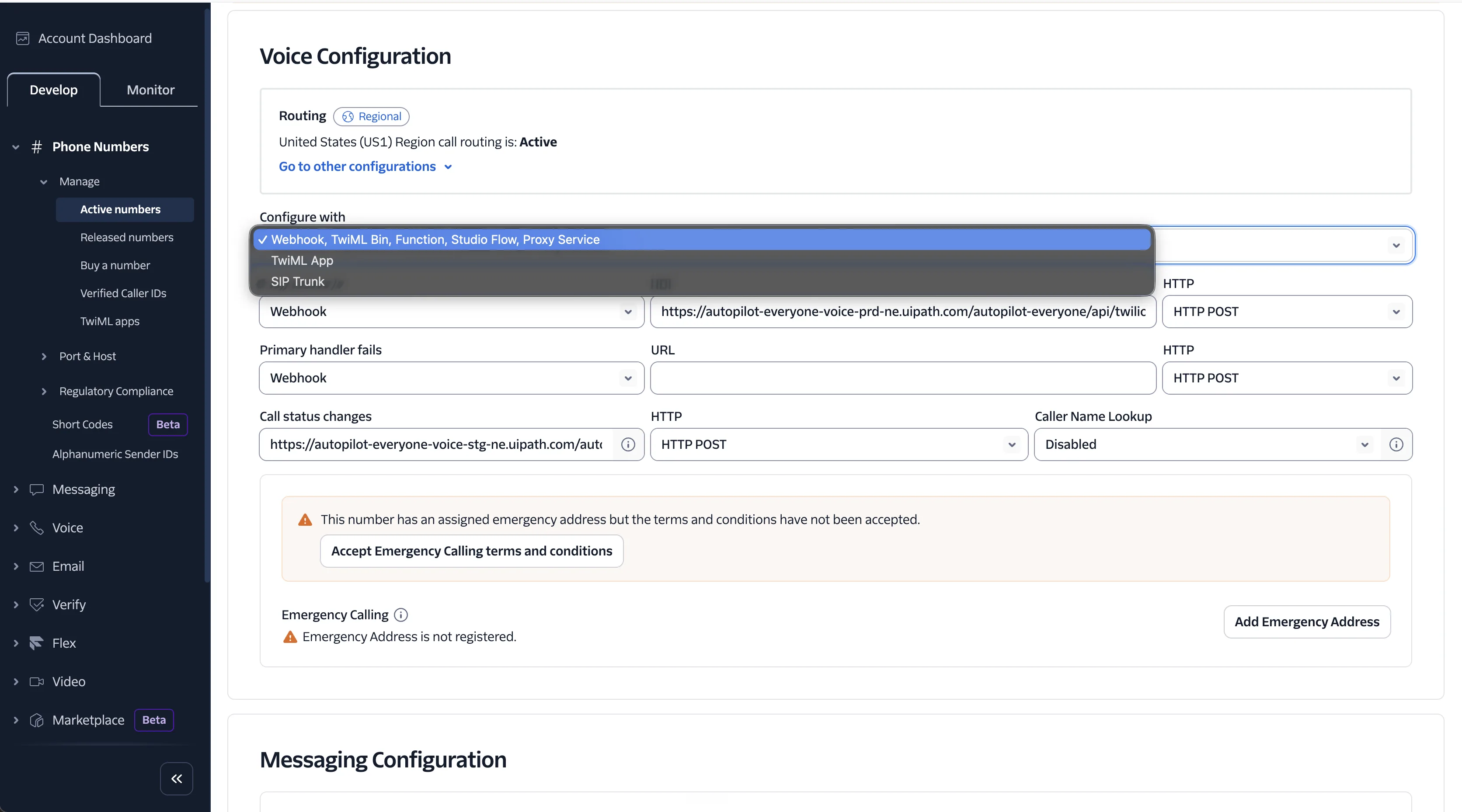 Voice Configuration for the number in the Twilio console, with Configure with set to the webhook option and a uipath.com URL in A call comes in
