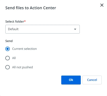 Screenshot including the Send files to Action Center menu in UiPath AI Center.