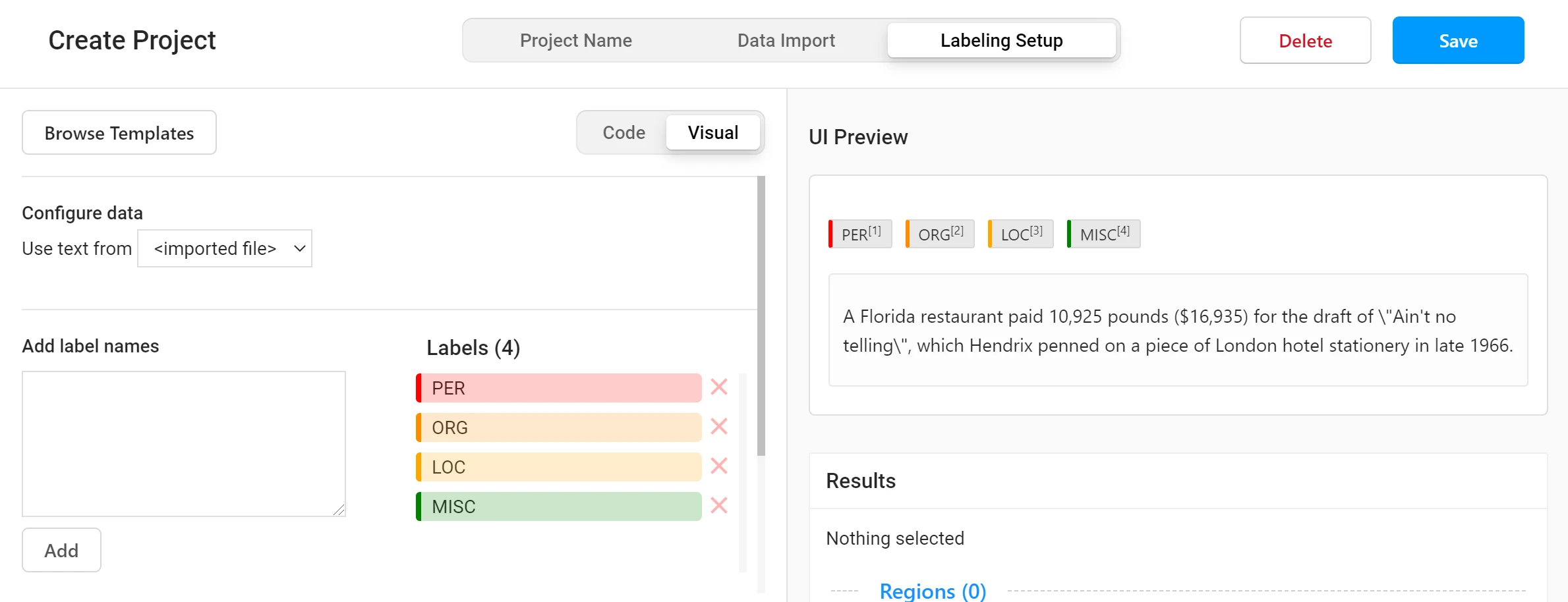 Screenshot of the Labeling Setup tab.