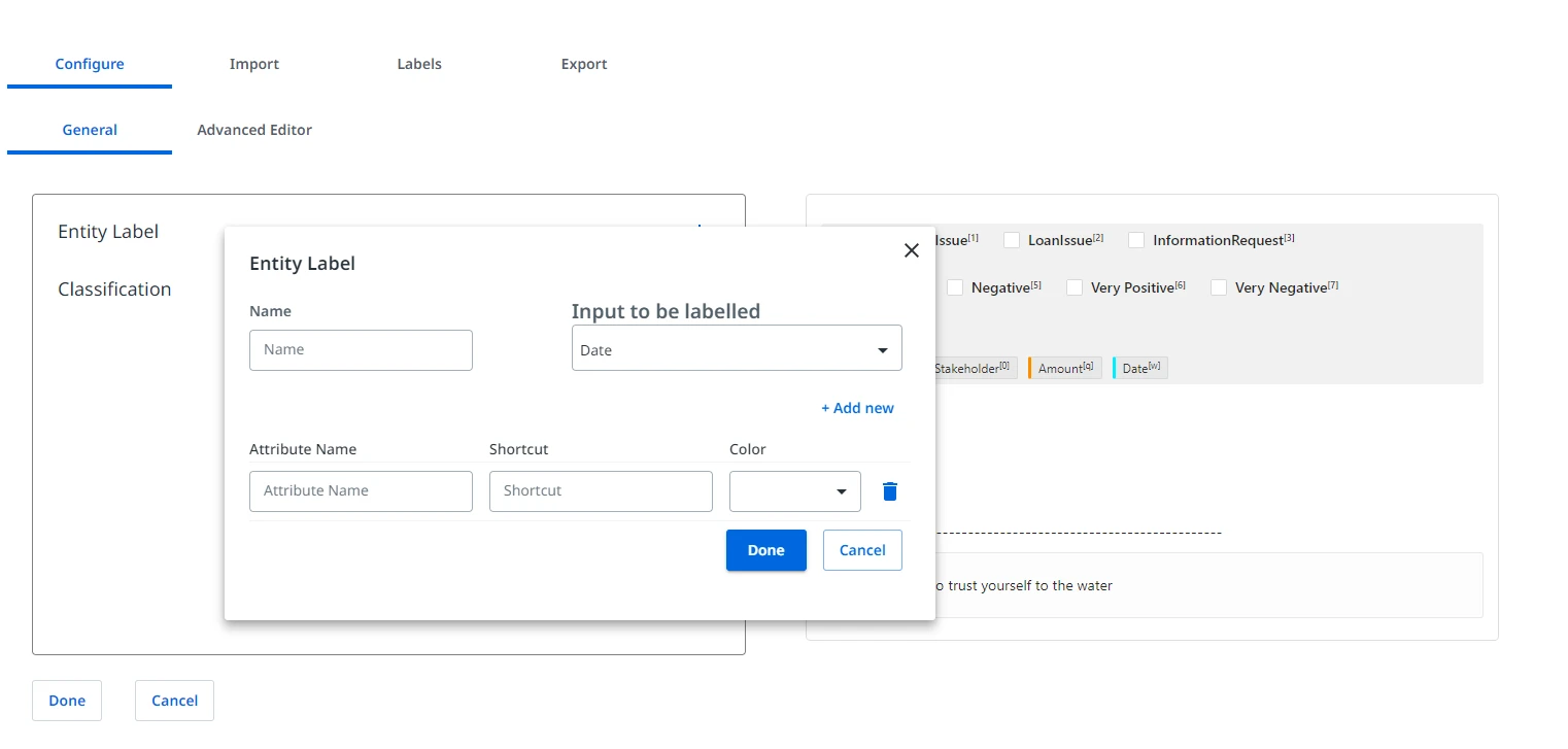 Screenshot including the Entity label menu in UiPath AI Center.