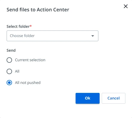 Screenshot including the Send files to Action Center menu in UiPath AI Center.