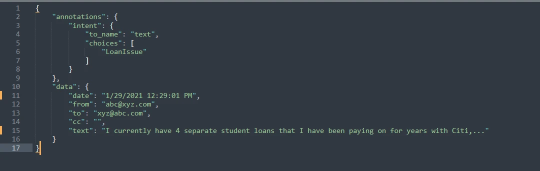 Screenshot including the annotations and data object in a codeblock.