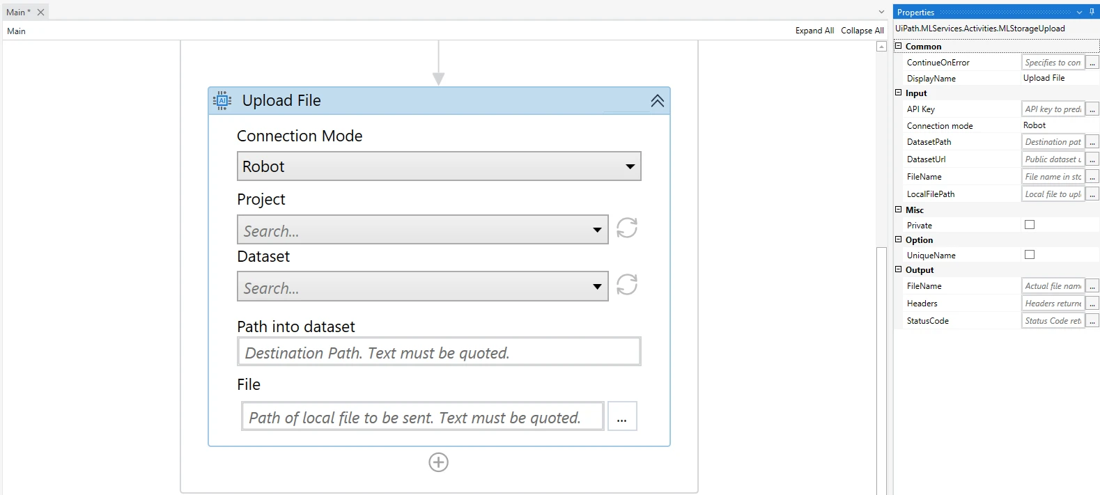 Screenshot mit der Aktivität Upload File in UiPath Studio.
