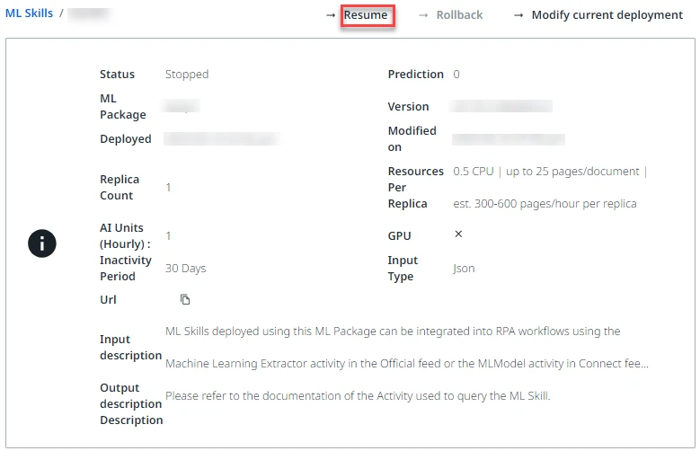 Screenshot including the Resume button in the ML Skills menu in UiPath AI Center.