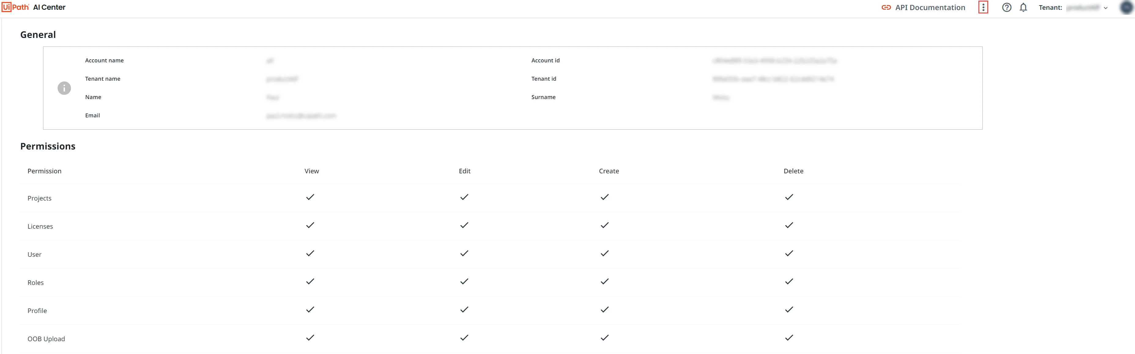 Screenshot including the AI Center Profile page.