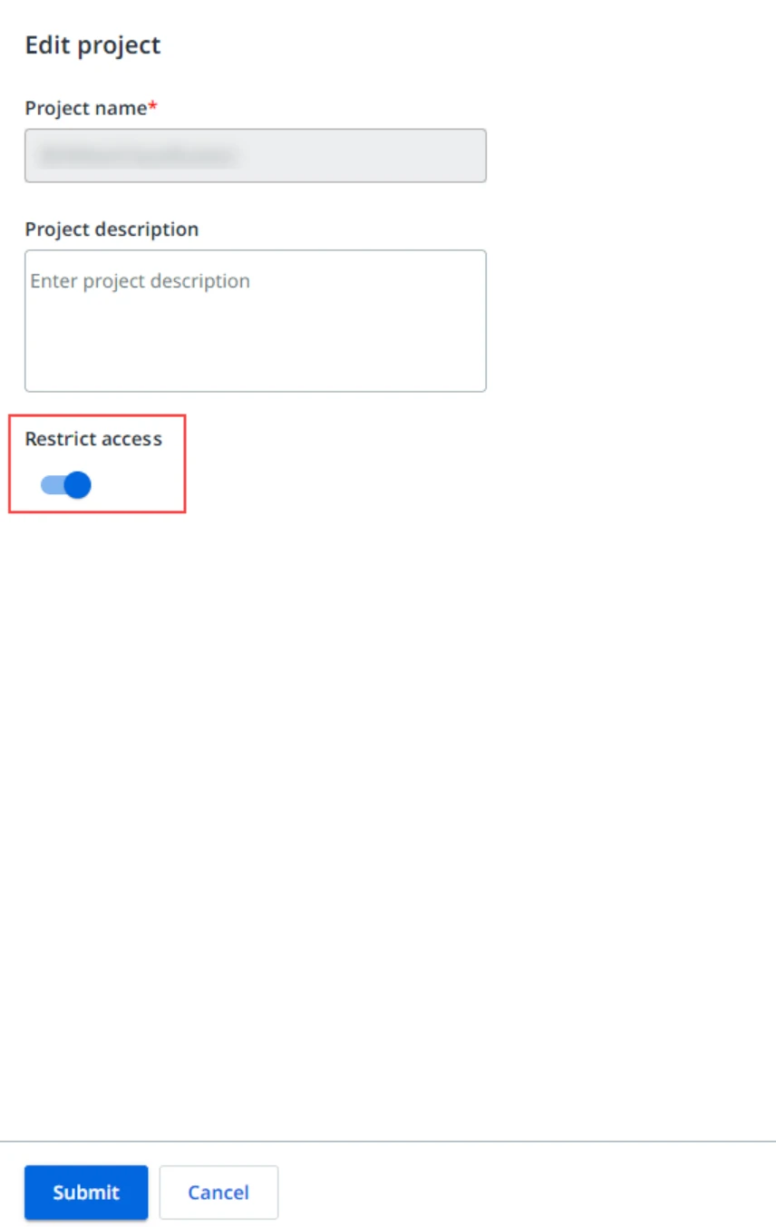 Screenshot mit der Schaltfläche Zugriff einschränken in UiPath AI Center.