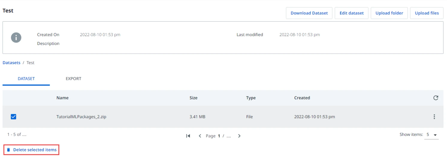 Screenshot including the Delete selected items button in the Dataset page from UiPath AI Center.