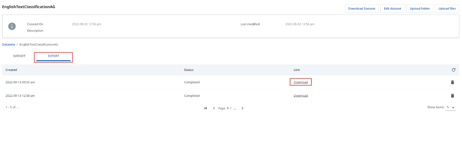 Screenshot including the Export tab in the dataset page from UiPath AI Center.