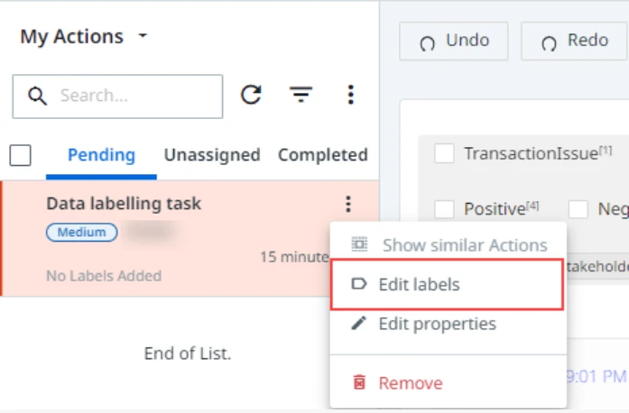 Screenshot including the Edit labels button in UiPath Action Center.