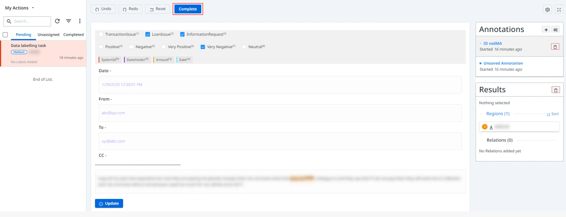 Screenshot including the Complete action button in UiPath Action Center.