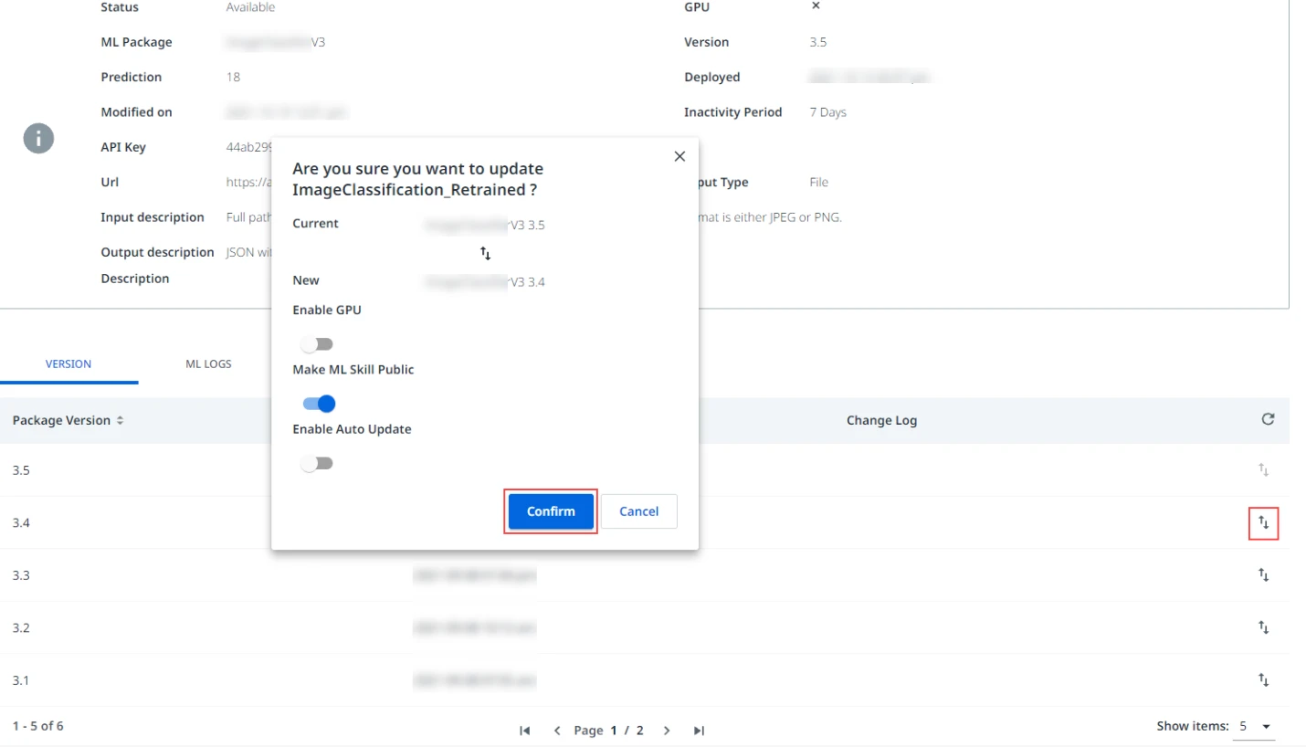 Screenshot including the Update Package Version confirmation dialog in UiPath AI Center.