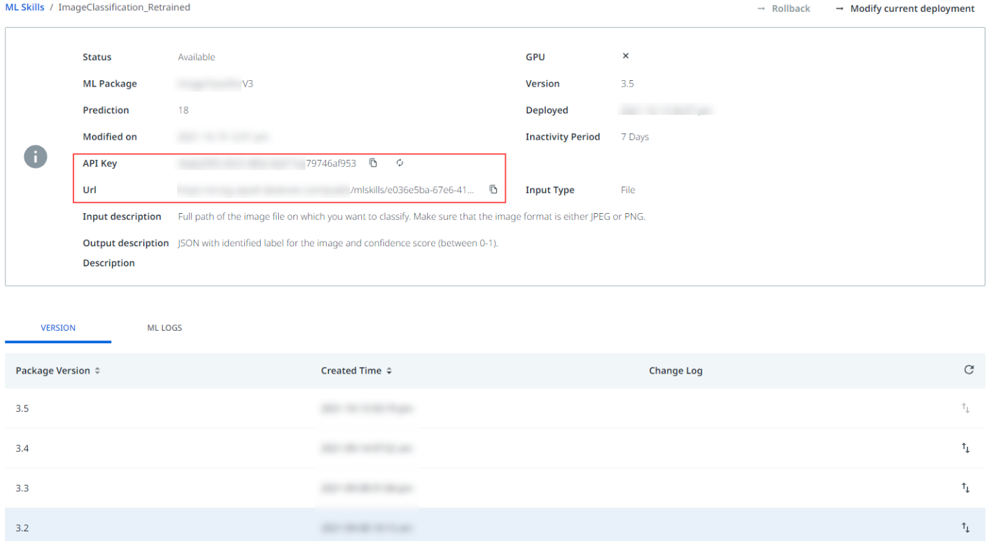 Capture d'écran de la page Compétences ML (ML Skills) dans AI Center.