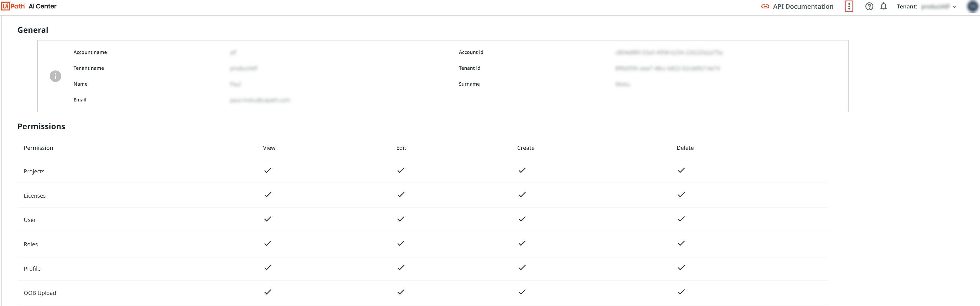 Capture d'écran incluant la page Profil AI Center.
