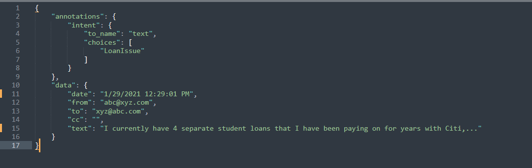 Screenshot including the annotations and data object in a codeblock.