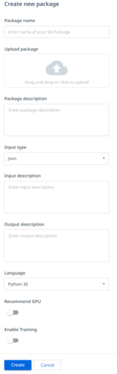 UiPath AI Center の [新しいパッケージを作成] メニューを含むスクリーンショット。