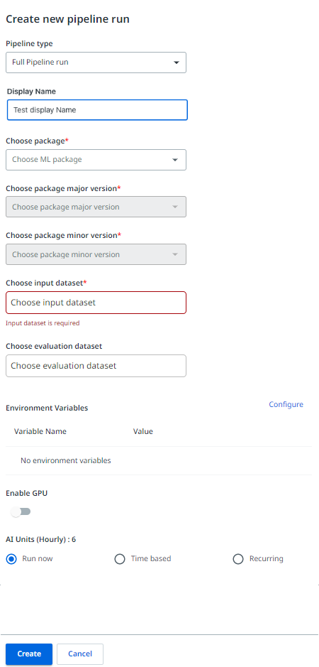 Captura de pantalla que incluye el menú Crear nueva ejecución de proceso en UiPath AI Center.