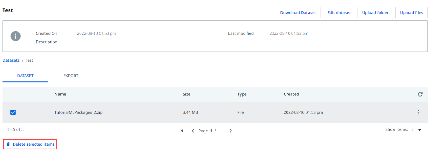 Screenshot including the Delete selected items button in the Dataset page from UiPath AI Center.