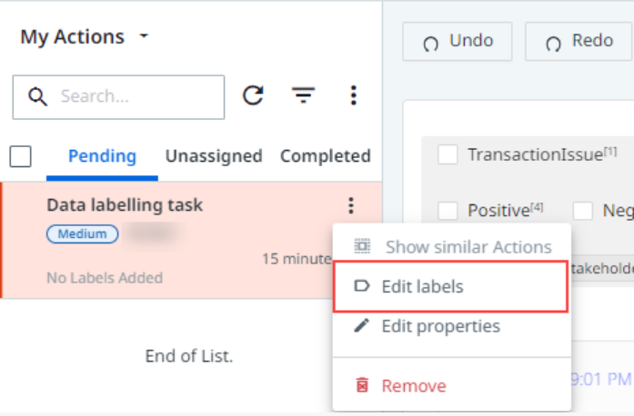 Screenshot including the Edit labels button in UiPath Action Center.