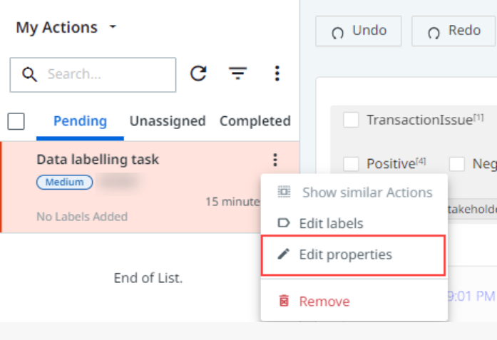 Screenshot including the Edit properties button in UiPath Action Center.