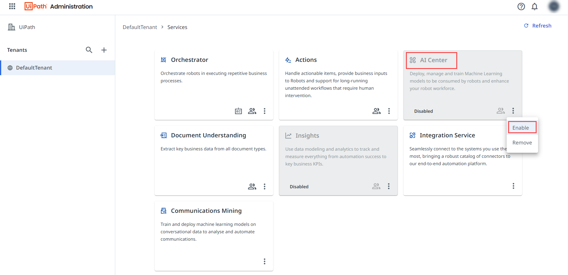 Screenshot including the Enable AI Center button in the UiPath Automation Cloud user interface, Admin panel.