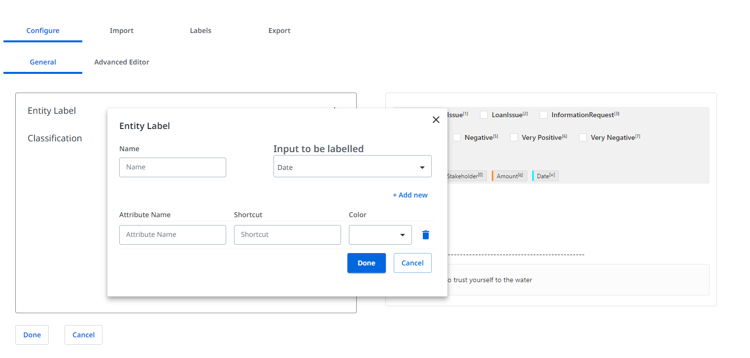 Screenshot including the Entity label menu in UiPath AI Center.