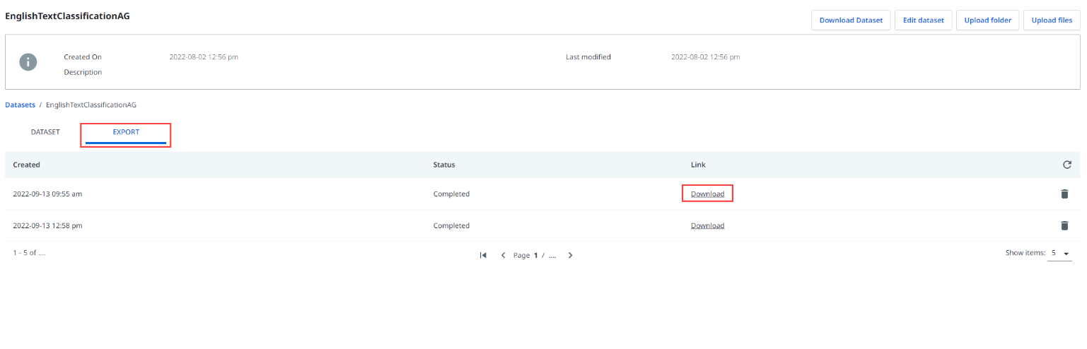 Screenshot including the Export tab in the dataset page from UiPath AI Center.