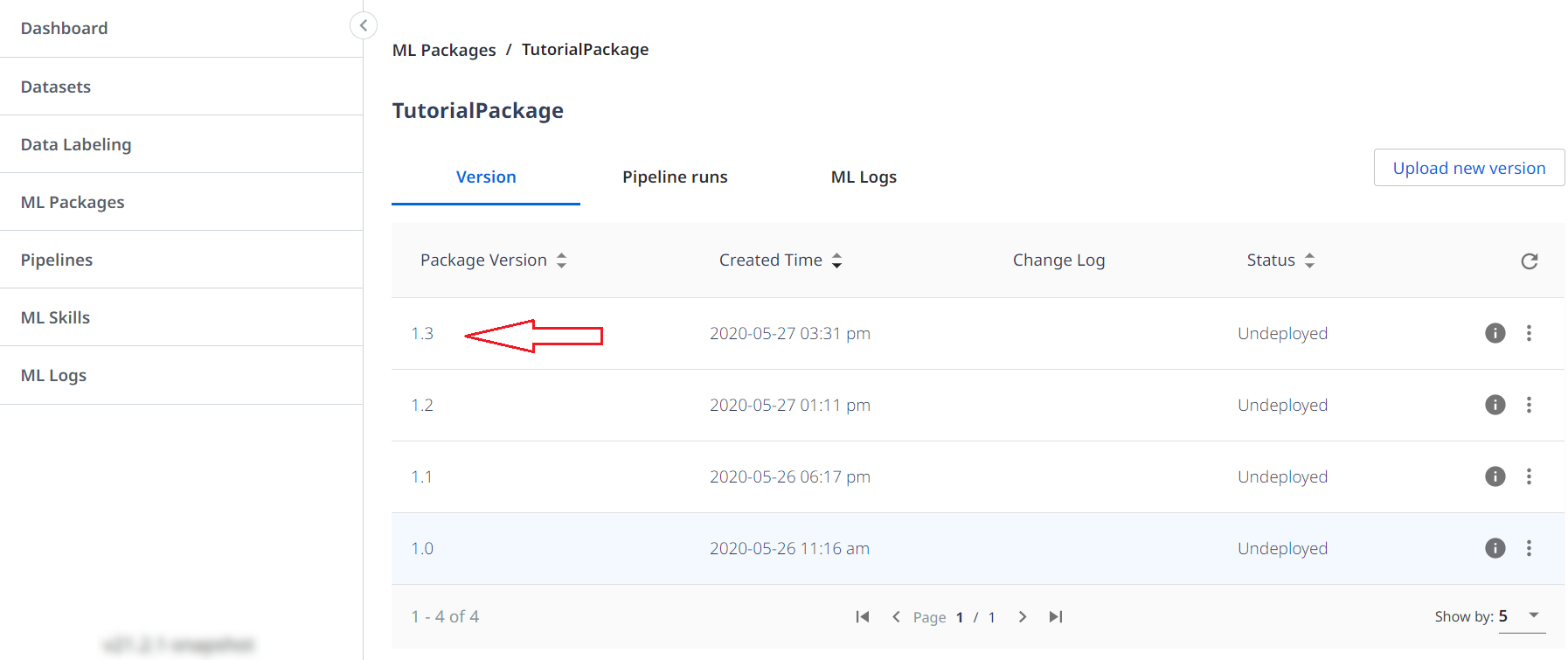 UiPath AI Center の ML パッケージのバージョンを含むスクリーンショット。