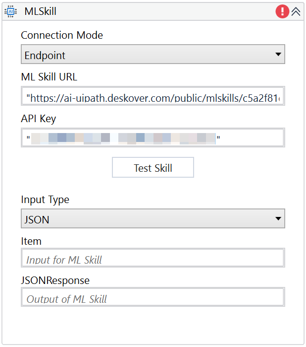 Screenshot including the ML Skill properties with Endpoint selected from the Connection Mode drop-down list.