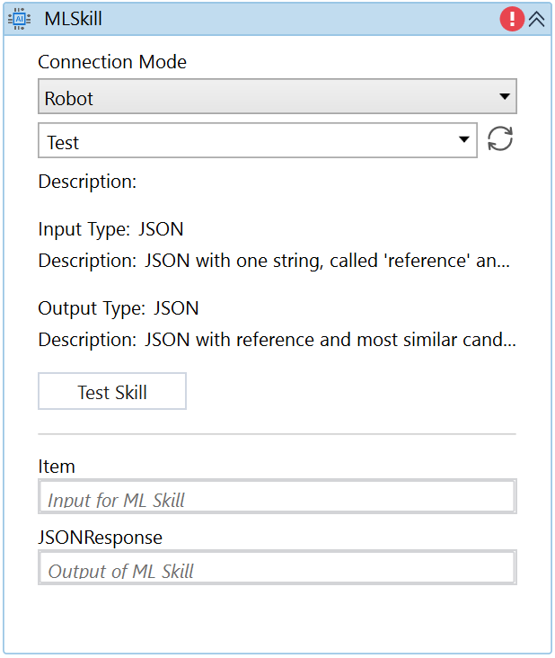 Screenshot including the ML Skill properties with Robot selected from the Connection Mode drop-down list.