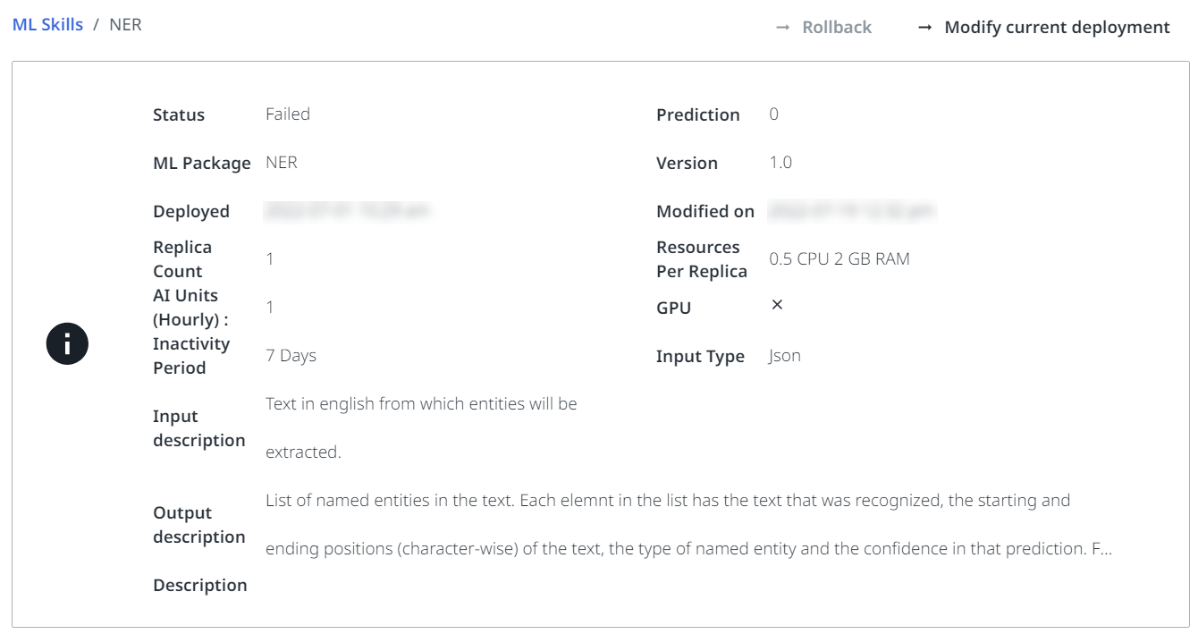 包含 UiPath AI Center 中的 ML 技能信息菜单的屏幕截图。