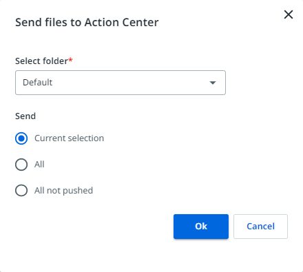 Screenshot including the Send files to Action Center menu in UiPath AI Center.