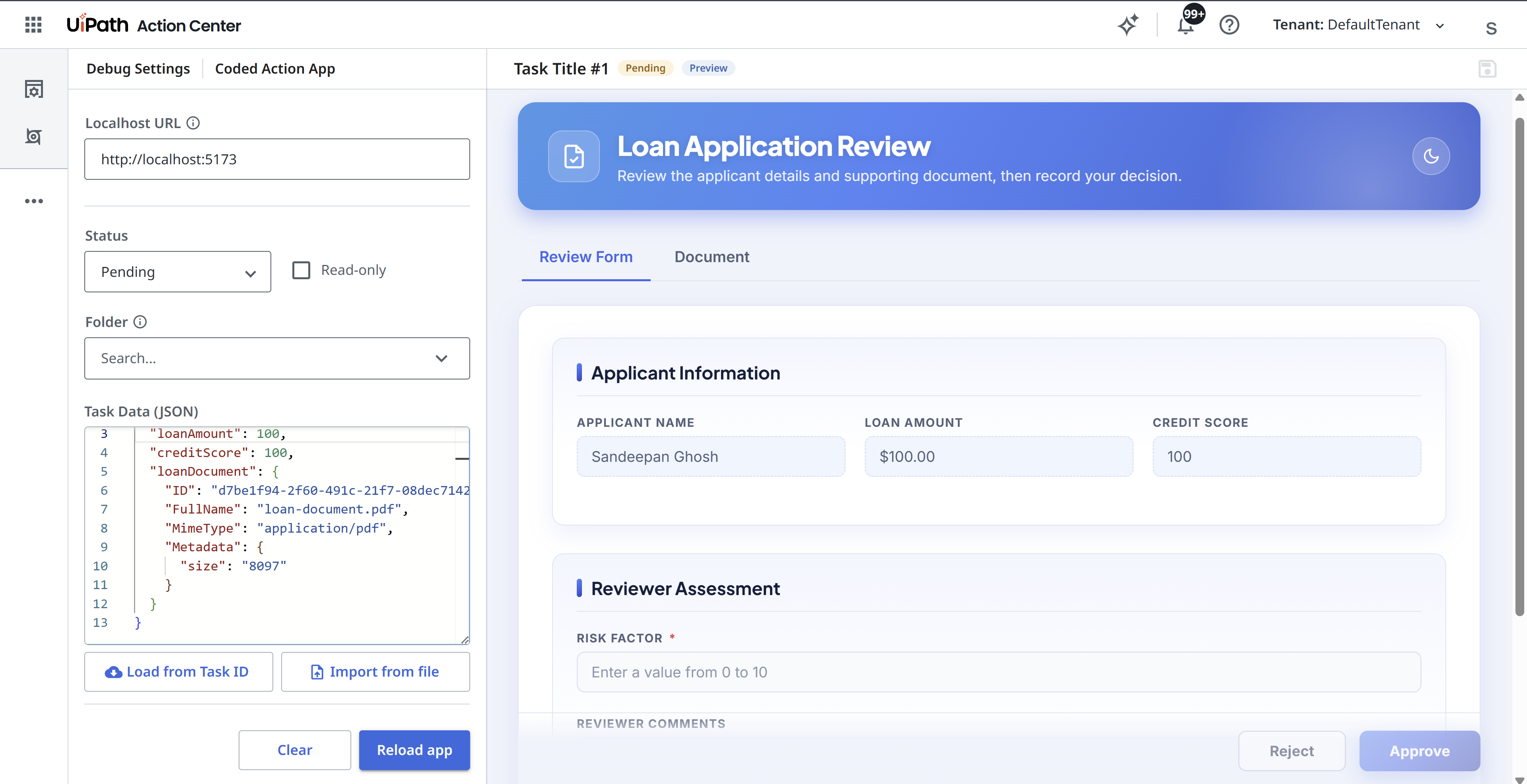Action Center debug page for coded action apps, with the fields used to load an app running on localhost
