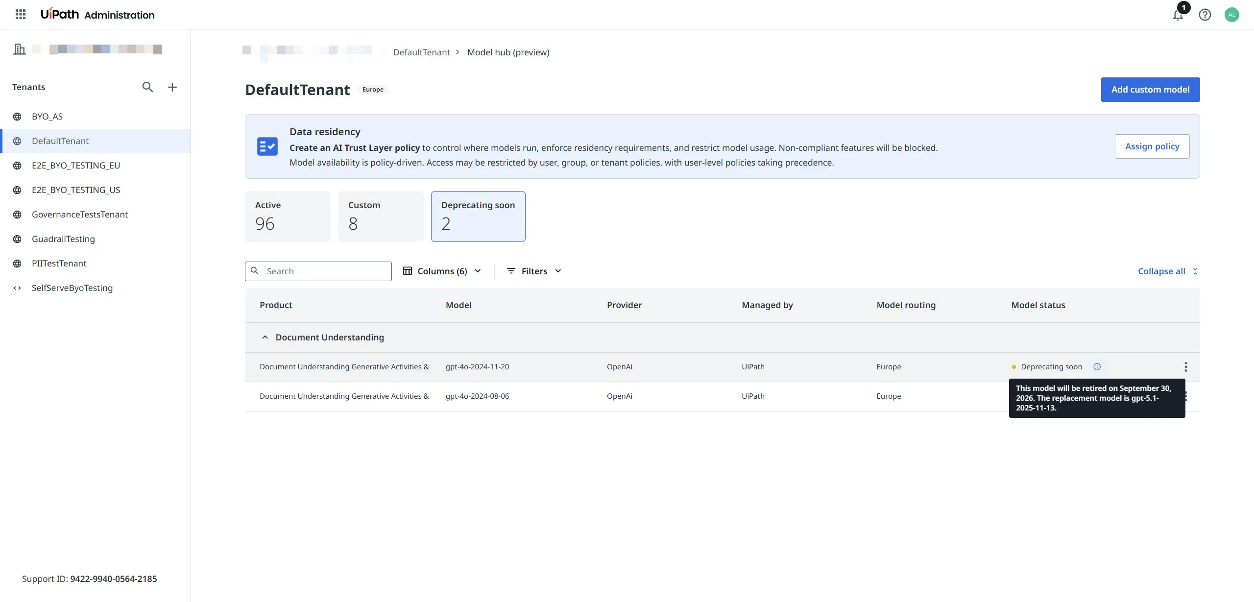 Model hub tenant grid filtered by the Deprecating soon counter