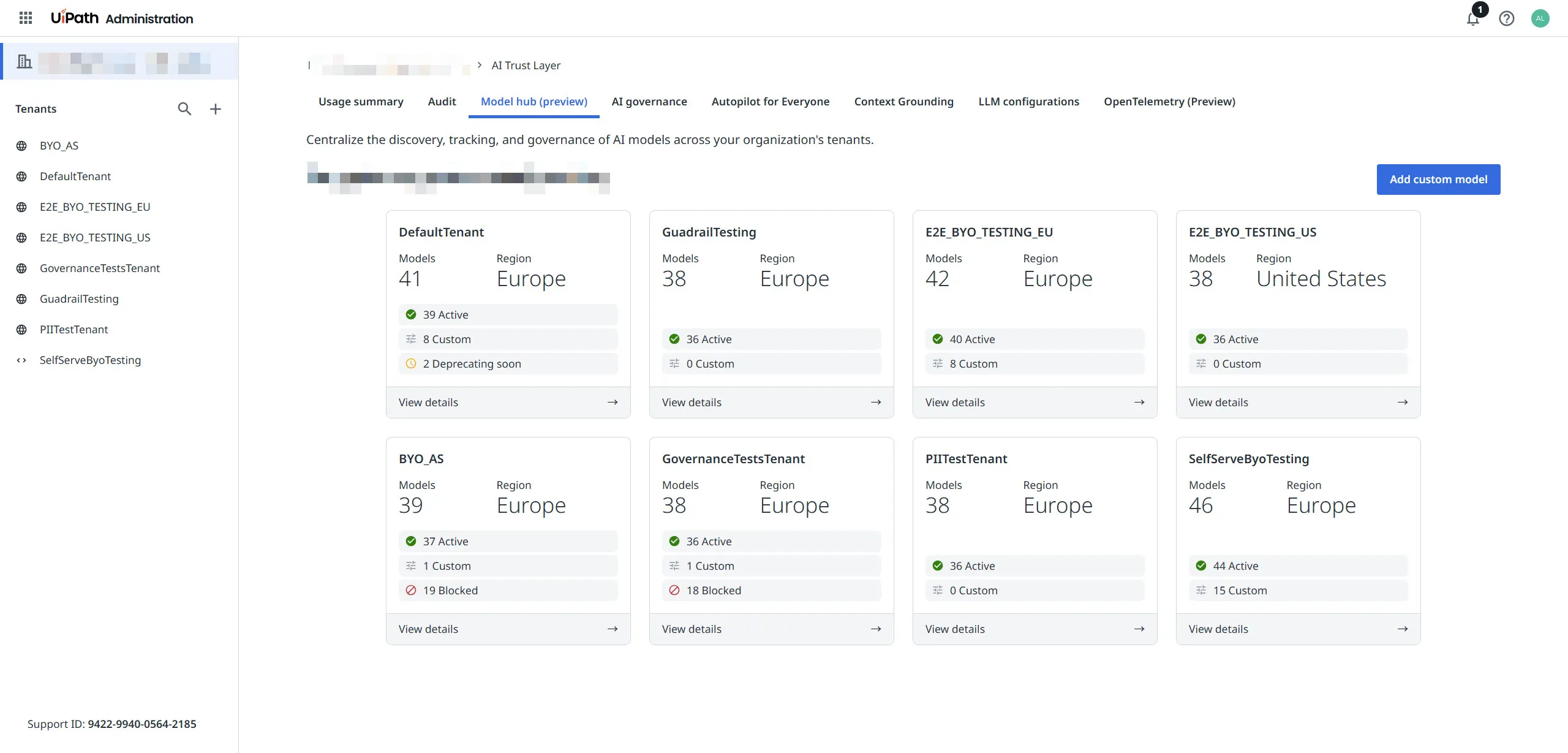 Model hub Organization view showing one card per tenant with its model count, region, and model status summary